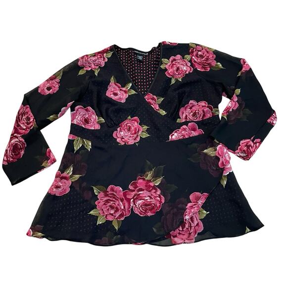 Vintage Tops - Y2K Floral Babydoll Blouse Size 18/20 Whimsigoth Embroidered Black Peplum